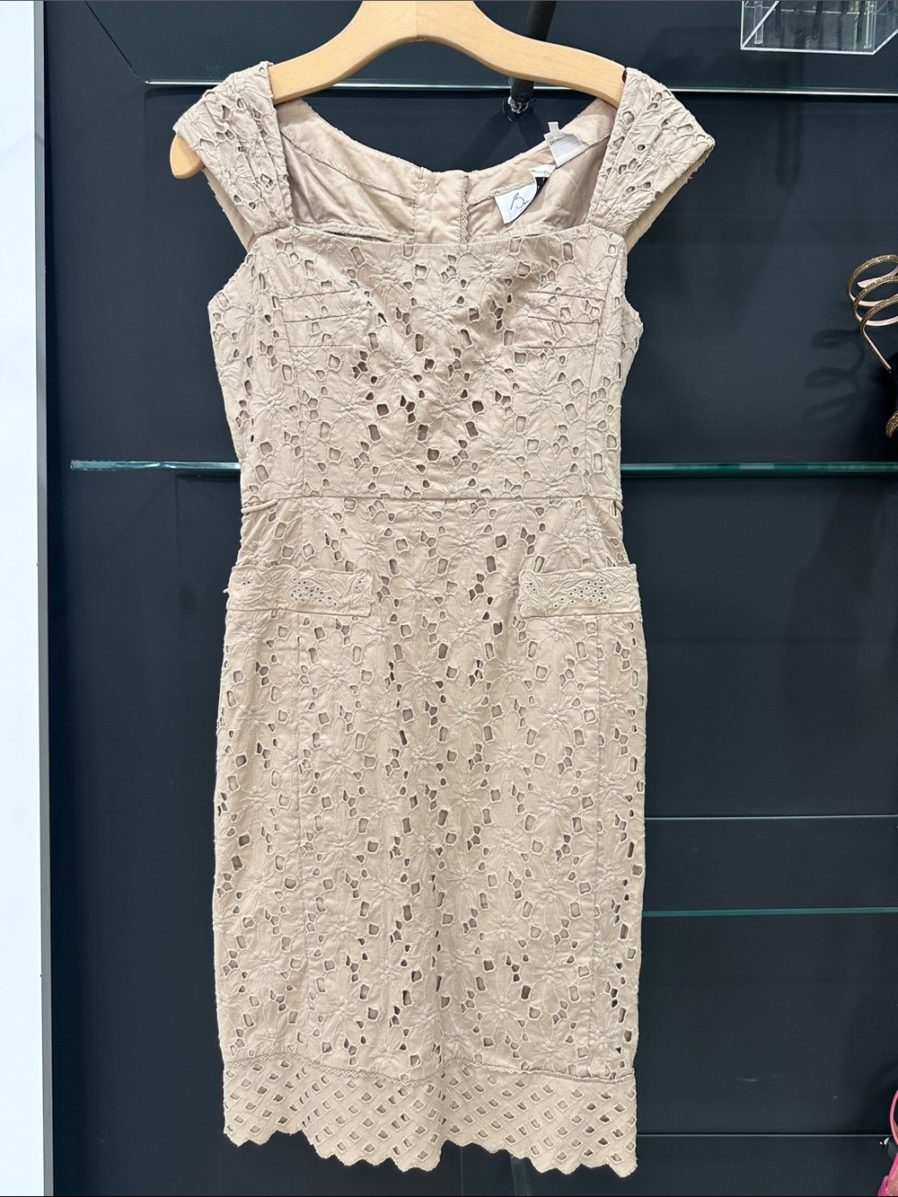 Beige Eyelet Cap-Sleeve Midi Dress